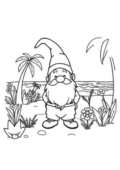 Gnome In Garden On Beach Coloring Page