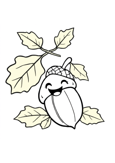 Happy Acorn And Oak Leaves Coloring Page