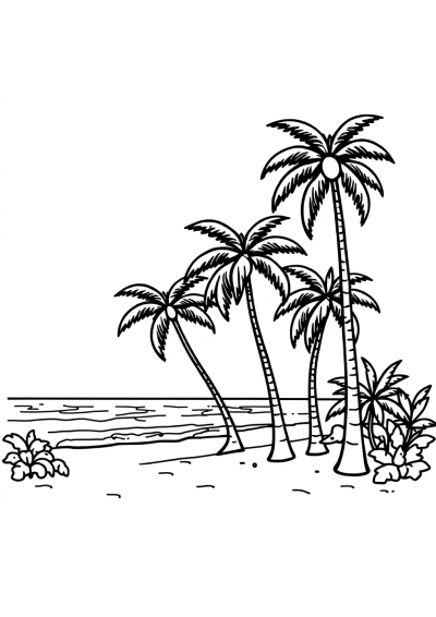 Happy Beach With Palm Trees Coloring Page