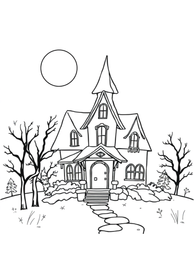 Haunted House In Winter Coloring Page