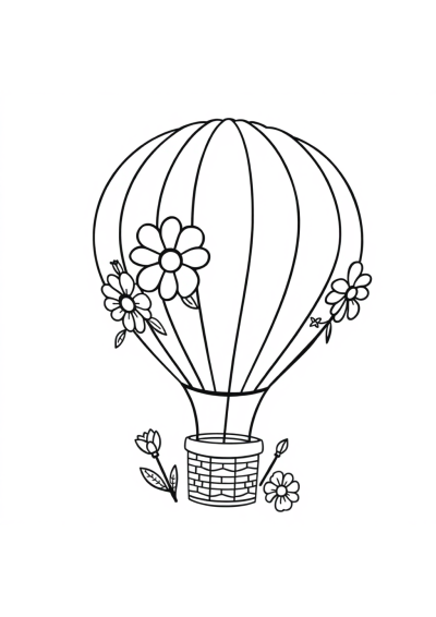 Hot Air Balloon With Flowers Coloring Page