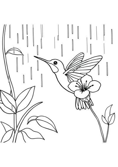 Hummingbird Near Flower In Rain Coloring Page
