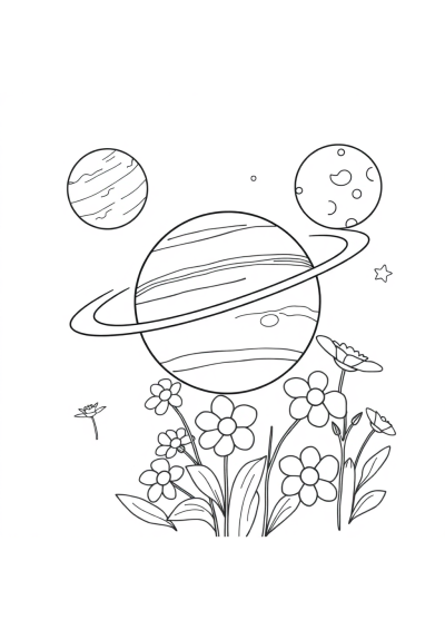 Jupiter And Moons With Flowers Coloring Page