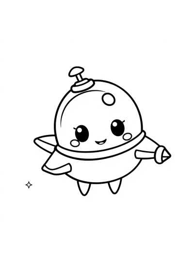 Kawaii Alien Spaceship Coloring Page