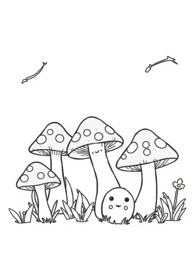 Kawaii Mushroom Forest Coloring Page