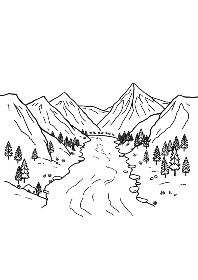 Kawaii River Through Mountains Coloring Page