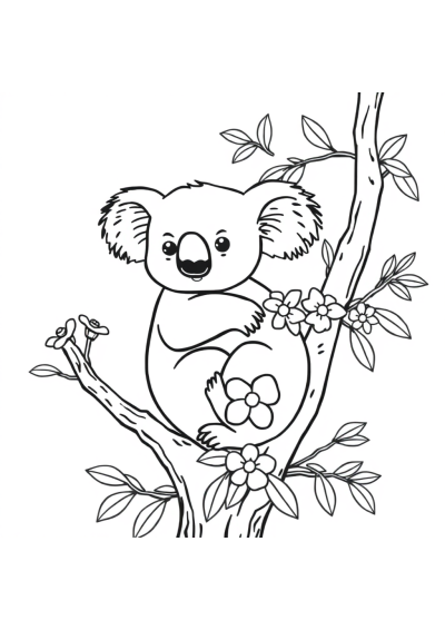 Koala On Tree With Flowers Coloring Page