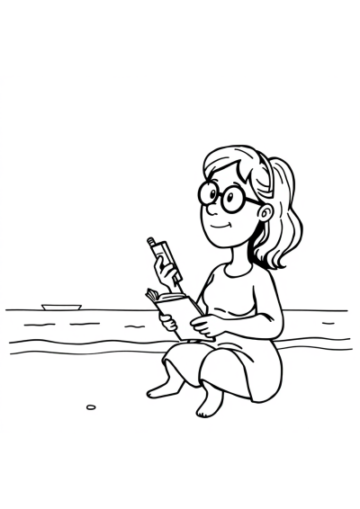 Librarian With Books On Beach Coloring Page