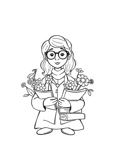 Librarian With Books With Flowers Coloring Page