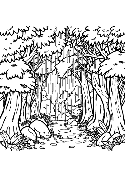 Magical Forest In Rain Coloring Page