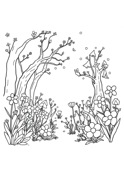 Magical Forest With Flowers Coloring Page