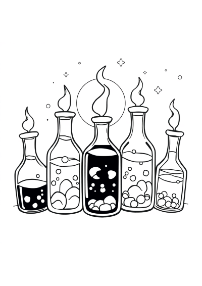 Magical Potion Bottles At Night Coloring Page