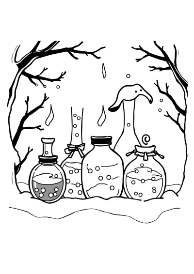 Magical Potion Bottles In Winter Coloring Page