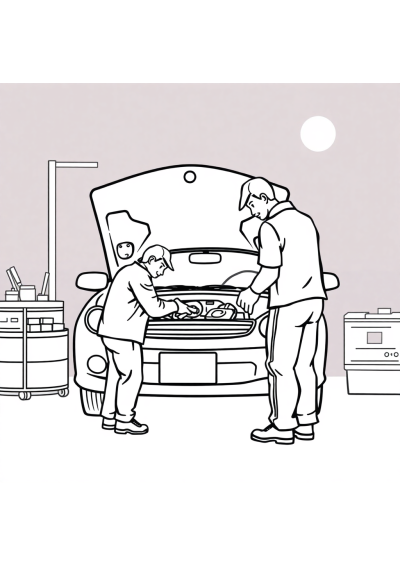 Mechanic Fixing Car At Night Coloring Page