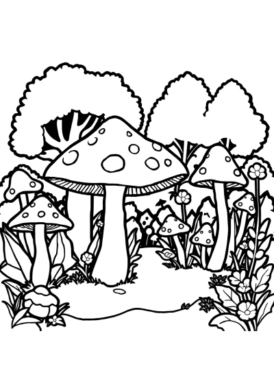 Mushroom Forest In Garden Coloring Page