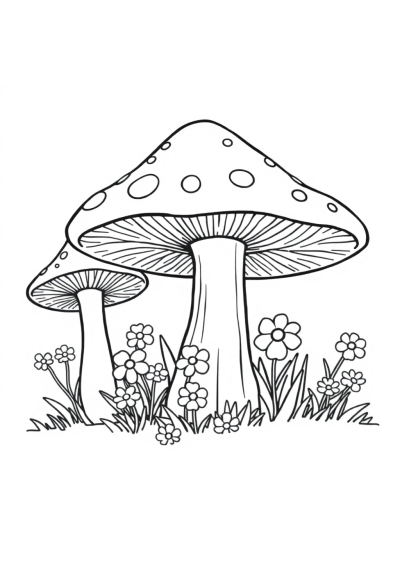 Mushroom Forest With Flowers Coloring Page