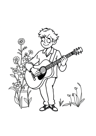 Musician Playing Guitar With Flowers Coloring Page
