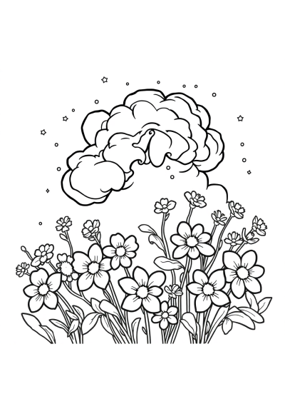 Nebula Clouds With Flowers Coloring Page