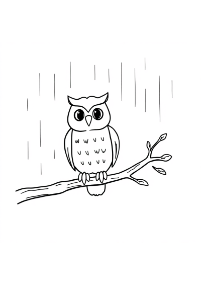 Owl On Branch In Rain Coloring Page