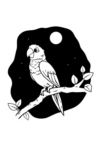 Parrot On Branch At Night Coloring Page