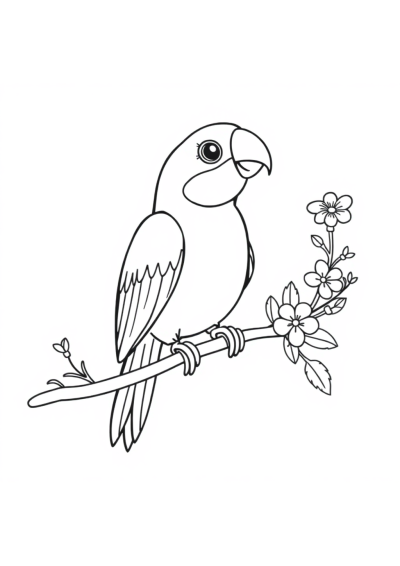 Parrot On Branch With Flowers Coloring Page