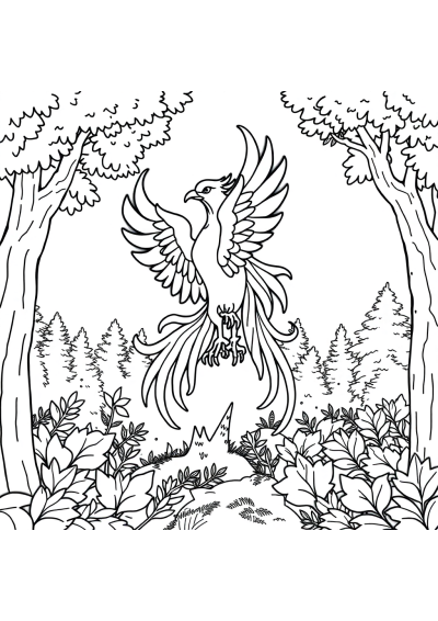 Phoenix Rising In Forest Coloring Page