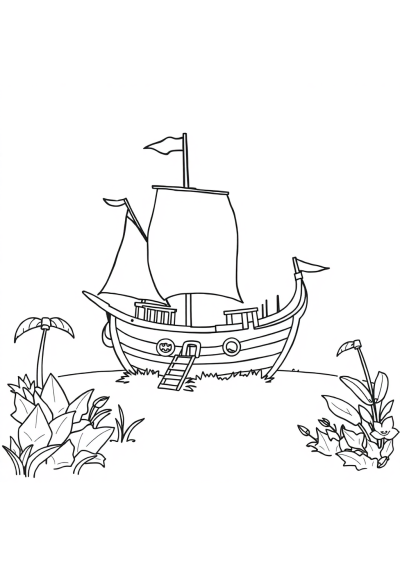 Pirate Ship In Garden Coloring Page