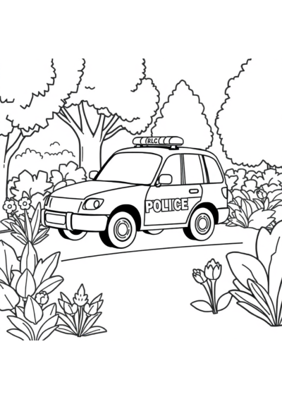 Police Car In Garden Coloring Page