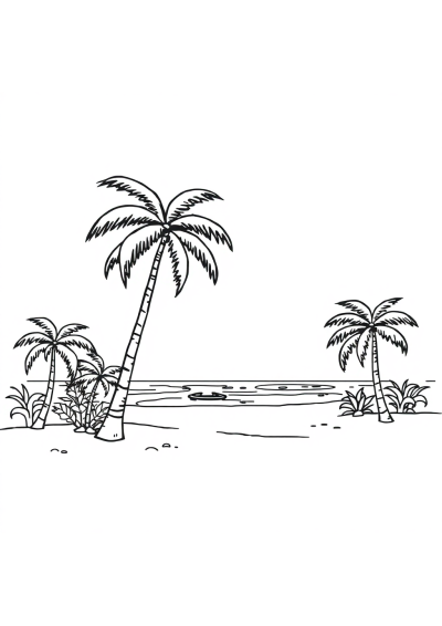 Realistic Beach With Palm Trees Coloring Page