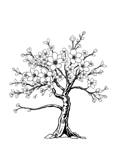 Realistic Cherry Blossom Tree Coloring Page