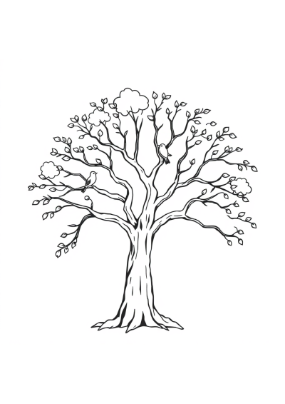 Realistic Tree With Birds Coloring Page
