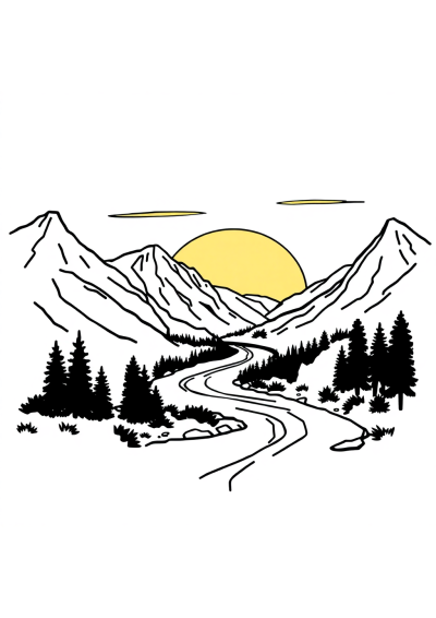 River Through Mountains At Sunset Coloring Page