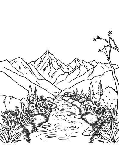 River Through Mountains In Garden Coloring Page