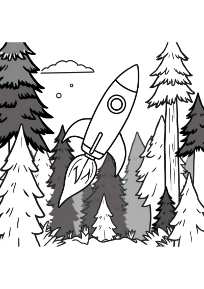 Rocket Ship Flying In Forest Coloring Page
