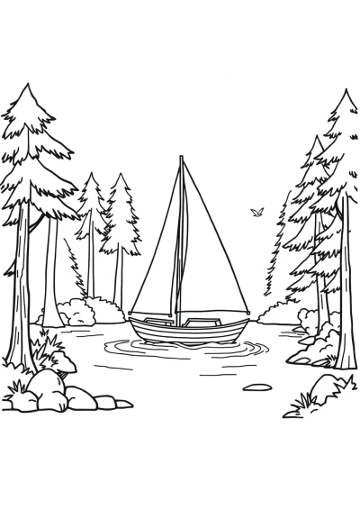 Sailboat On Water In Forest Coloring Page