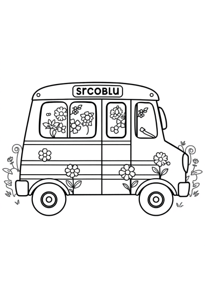 School Bus With Flowers Coloring Page