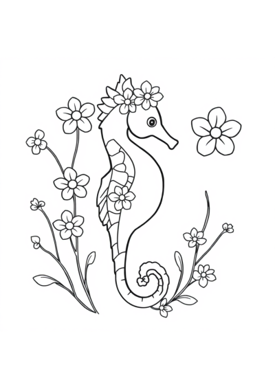 Seahorse With Flowers Coloring Page