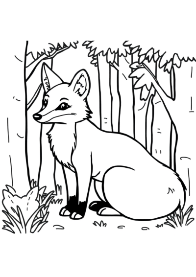 Printable Simple Fox In Forest Coloring Page