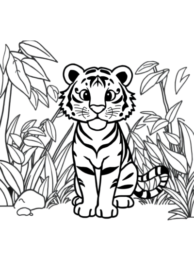 Printable Simple Tiger In Jungle Coloring Page