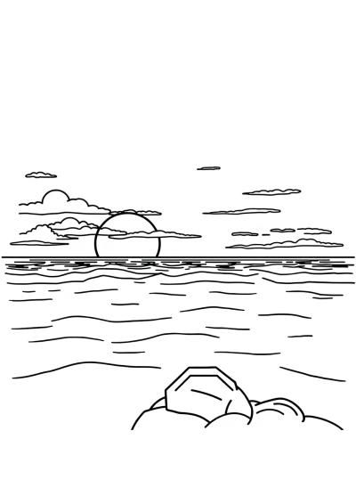 Sleepy Sunset Over Ocean Coloring Page