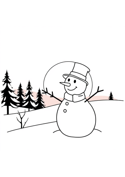 Snowman With Hat At Sunset Coloring Page