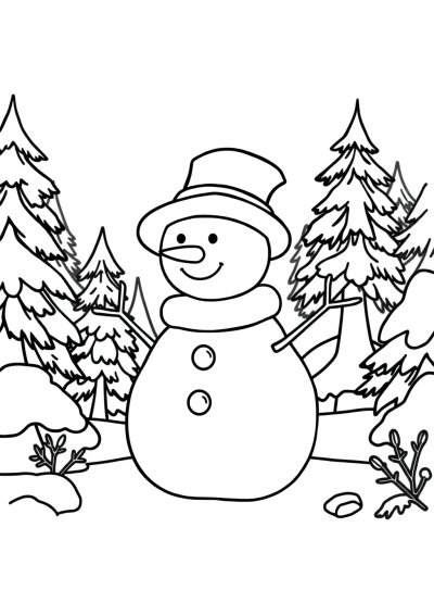 Snowman With Hat In Forest Coloring Page