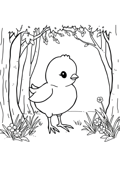 Spring Chick In Forest Coloring Page