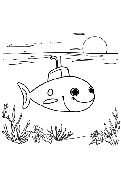 Submarine Underwater At Sunset Coloring Page