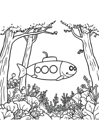 Submarine Underwater In Forest Coloring Page