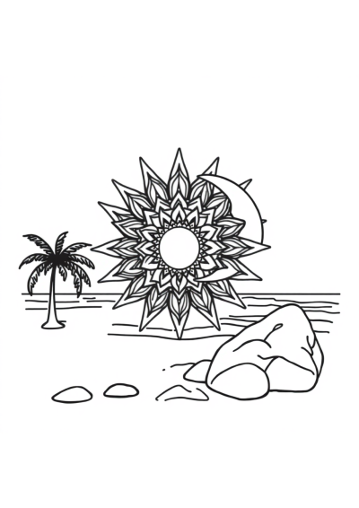 Sun And Moon Mandala On Beach Coloring Page