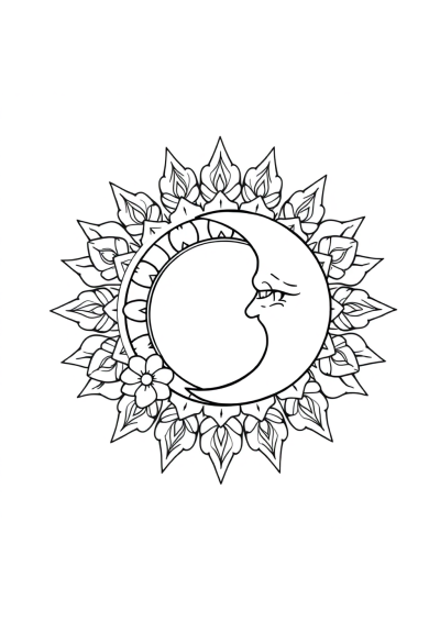 Sun And Moon Mandala With Flowers Coloring Page