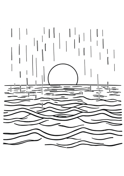 Sunset Over Ocean In Rain Coloring Page