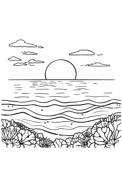 Sunset Over Ocean Underwater Coloring Page