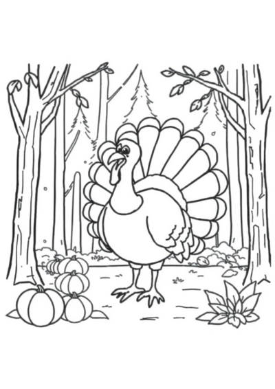 Thanksgiving Turkey In Forest Coloring Page